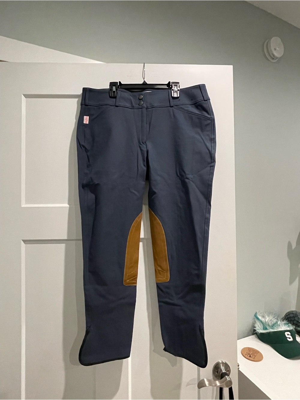 The Tailored Sportsman Navy Riding Breeches with Brown Suede Knee Patches